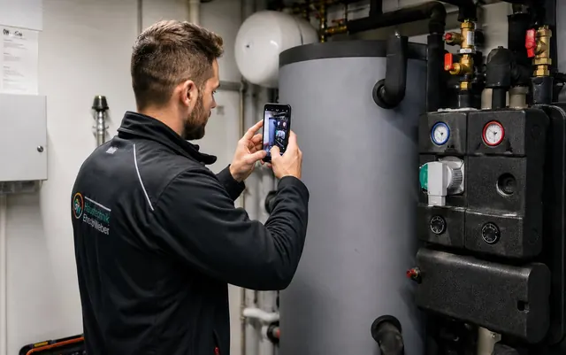Gebäudetechniker fotografiert Wassererwärmer mit dem Smartphone zur Anlagenerfassung