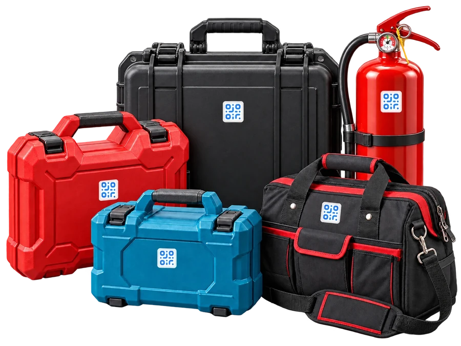 Werkzeugkoffer, Werkzeugtasche und Feuerlöscher mit QR-Labeling-Etiketten